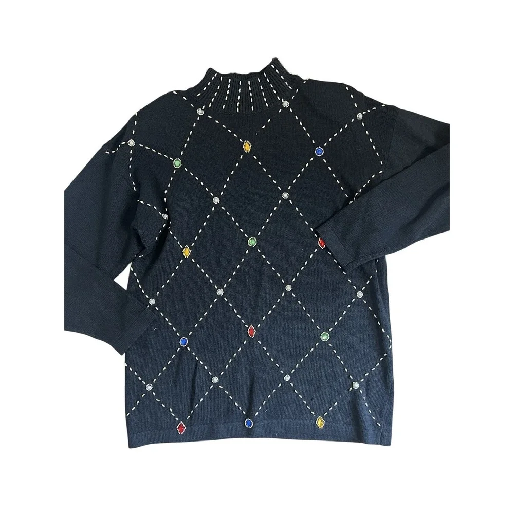 VTG Wm Med OHI Gold Embroidered Gem Jewel Black Sweater Mock Eclectic 90s 00 Y2K